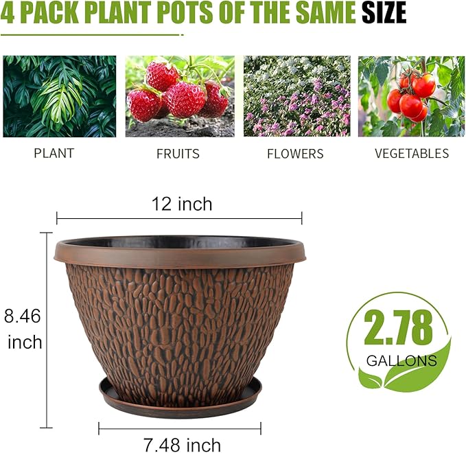 4 Pack 12 Inch Pots for Plants, Plastic Outdoor Flower Pots with Drainage Hole & Tray, Large Planters for Garden Porch Home Indoor Outdoor Decor - Pebbles Pattern Design Plant Pots