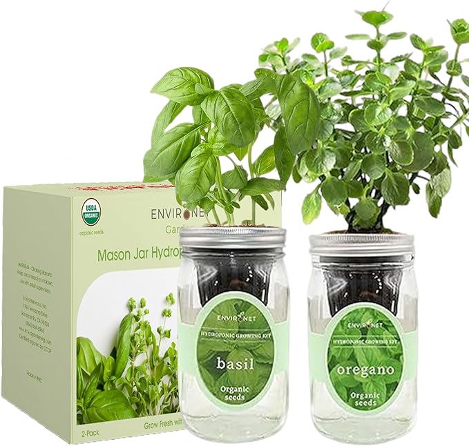 2-Pack Hydroponic Mason Jar Herb Garden Kit, Indoor Herb Garden Self-Watering Starter Kit (Basil,Oregano)