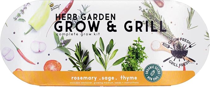 BUZZY Organic Herb Seeds Grow and Grill Kit – Organic Rosemary, Sage & Thyme – Indoor Starter Set with Hammered Metal Planter, Soil & Instructions – Perfect Kitchen Garden Gift