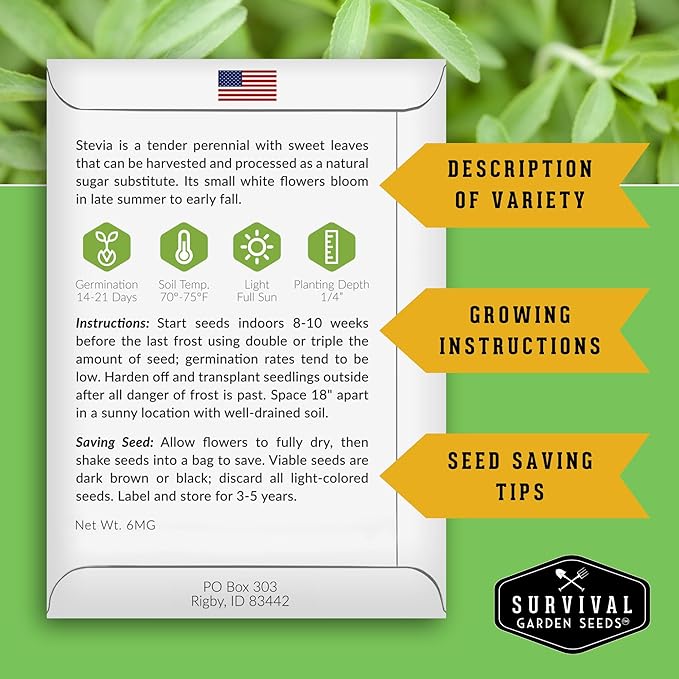 Stevia Seeds for Planting - Natural Sweet Herb Stevia rebaudiana with Sweet Leaves, Tender Perennial for Warm Climates or Indoor Growing, Non-GMO Heirloom - Survival Garden Seeds