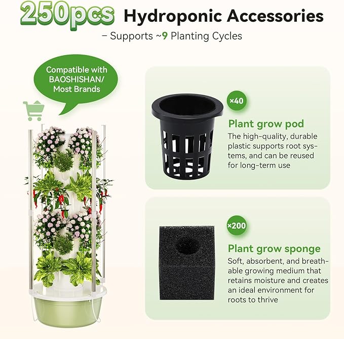 BAOSHISHAN 250 PCS Hydroponic Pods Kit, 50 Grow Baskets, 200 Sponges, Use 7-Layer Hydroponics Tower