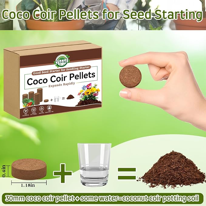 Halatool 100pcs 30mm Organic Coconut Coir Pellets Soil for Seed Starter, Compressed Coco Coir Potting Soil for Growing Vegetables, Fruits, Flowers