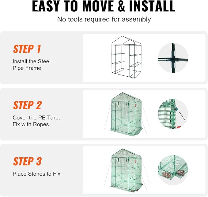 VEVOR Walk-in Green House, 55.5 x 29.3 x 80.7 inch, Portable Greenhouse with Shelves, High Strength PE Cover with Roll-up Zipper Door and Steel Frame, Set Up in Minutes, for Planting and Storage