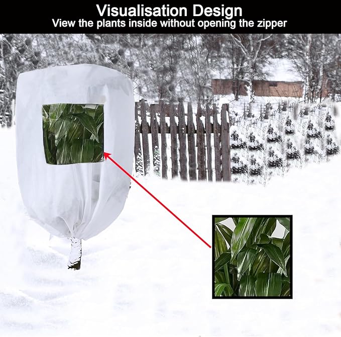 CMINGJ Plant Frost Protection Covers with Viewing Window, 31.5" x 47.2", 2.06oz/yd², Reusable Drawstring Tree Cover, Winter Tree Blanket with Zipper for Plants, Frost Protection Cloth (4 Pack)