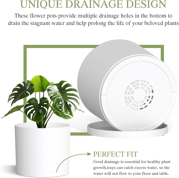 10/9/8 Inch Large Plant Pots with Drainage Holes and Trays, 3 Pack Modern Minimalist Cylinder Planters for Monstera, Snake Plant, Indoor Outdoor (Matte White)