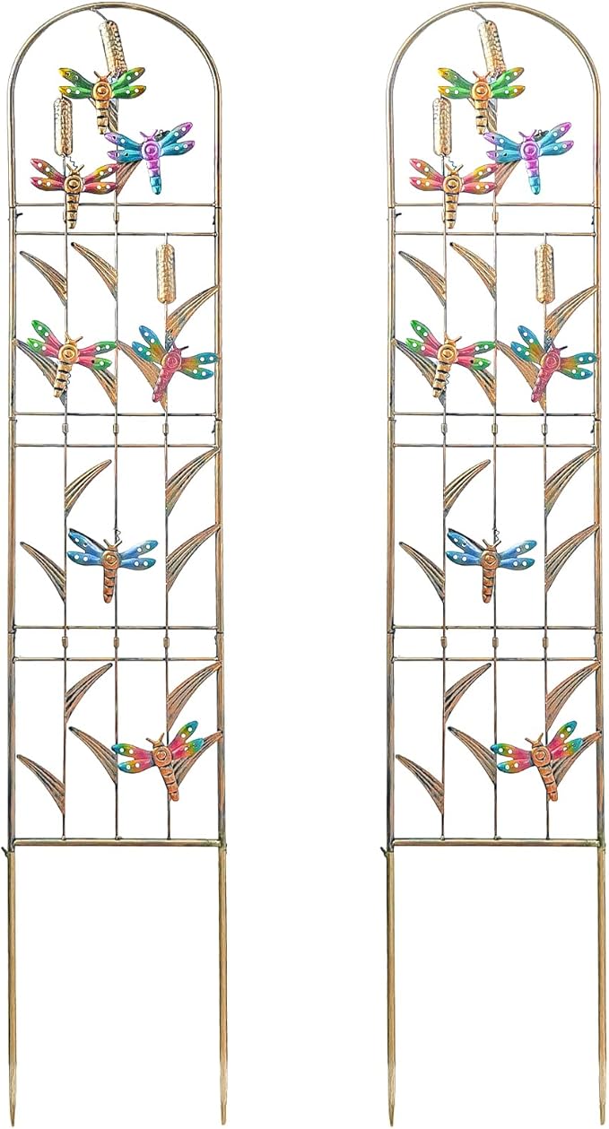 aboxoo Set of 2 Packs Dragonfly Metal Garden Trellis for Climbing Plants,Outdoor Decorative Flowers Arch Fence Trellis for Outdoor Patio,Garden,Lawn,Yard,Backyard,Wall Brackets,60'' H x 11'' W
