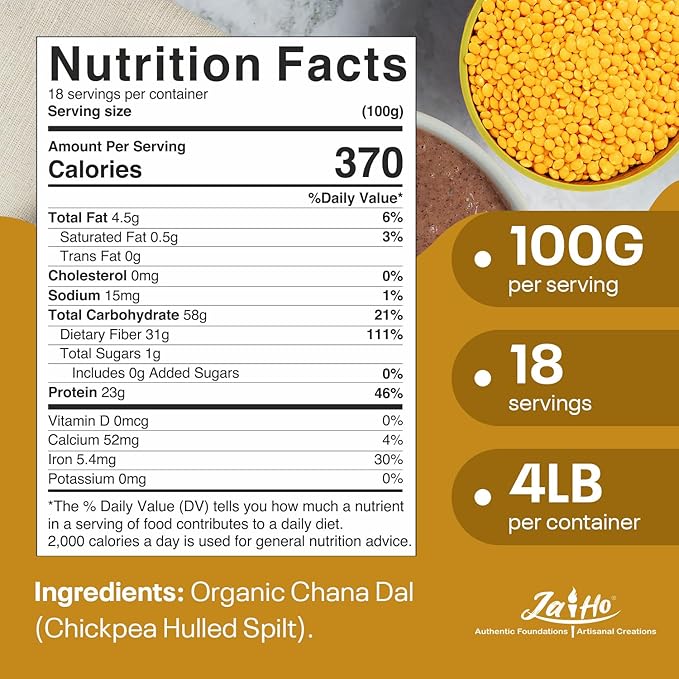 Jai Ho Certified Organic Chana Dal Chickpea Hulled Split 4 lb | Organic Chana Dal | USDA Organic | Non-GMO | Chemical-Free | Premium Quality Kosher (4 Pound, Chana Dal)