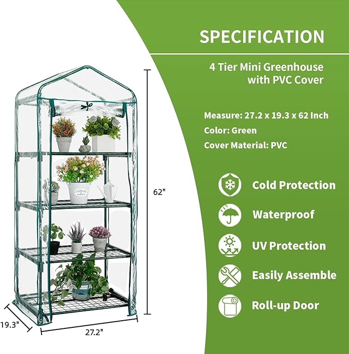 Mini Greenhouse for Indoor Outdoor, Small Plants Green House with 4 Tier Shelves, Portable Plastic Greenhouses with Transparent PVC Cover for Garden Backyard Patio Balcony Porch