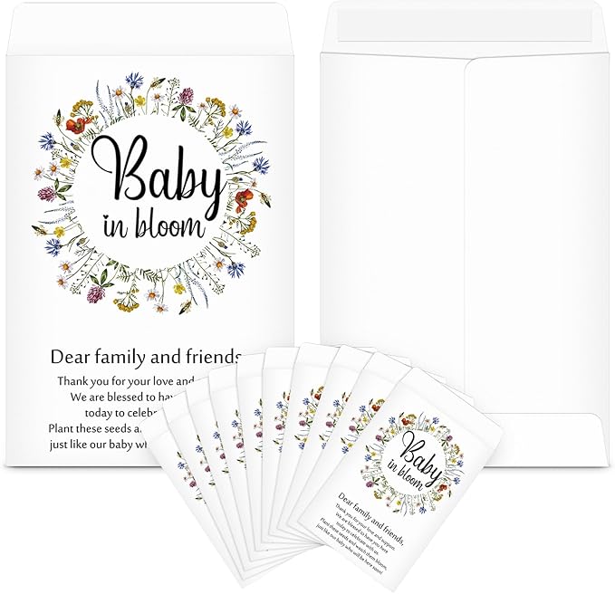 Fumete 50 Pcs Baby Shower Seed Packet Self Adhesive Kraft Envelopes Baby in Bloom Seed Storage Packets Mini Kraft Retro Paper Organizer for Gender Reveal Party, No Seeds(Wildflower)
