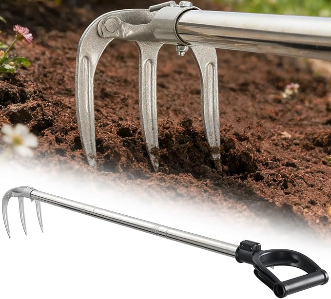 78" Long Handle Garden Rake, No Bend Standing Weeding Tool, Heavy Duty 3-Tine Cultivator with Carbon Steel Head, Hand Tiller for Digging, Loosening Soil & Planting