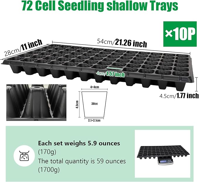 RooTrimmer 72 Cell Seed Trays, Thick Durable 72 Cell Plug Tray Seedling Plastic Nursery Tray for 1020 Flat Germination (10-Pack, 21"×11", 1.81" Height, Low)