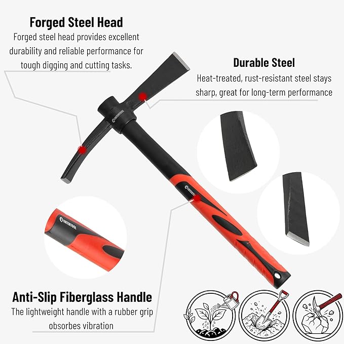 INTERTOOL Small Cutter Mattock – 1.5 lb Forged Steel Garden Tool Weeding, Digging, Camping - Anti-Slip Fiberglass Handle HT08-0304