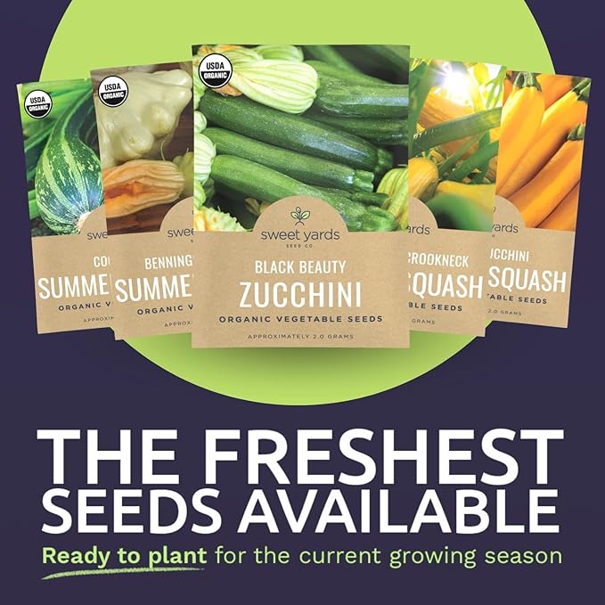Organic Summer Squash Seeds Variety Pack - 5 Individual Packs - 2026 Season - Black Beauty, Cocozelle, Golden Zucchini and More! for Indoor & Outdoor Planting (Non-GMO, Certified Organic)