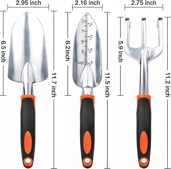 Garden Tools Set, 3-Piece Heavy Duty Gardening Hand Tools, Rust-Proof Cast Aluminum Construction with Soft Non-Slip Rubber Grips, Ideal for Digging, Planting, Weeding & Transplanting (Orange)