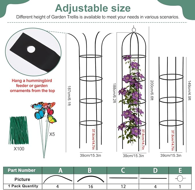 100% Metal Tower Obelisk Garden Trellis 6.6 Ft Plant Support for Climbing Plants Rose Bush Round Trellis for Pots Rustproof Metal Plant Flower Trellises for Clematis Vine Jasmine Outdoor Indoor