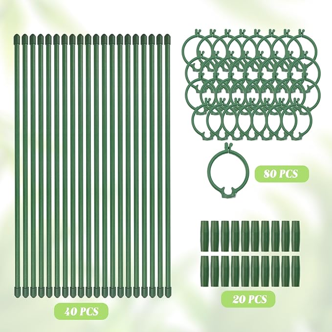 40 Pcs Plant Support Stakes Height Adjustable Garden Single Stem Plant Stake with 80 Pcs Plant Clips and 20 Pcs Connect Pipe for Orchid Rose Peony Peppers Amaryllis Tomato(12 Inch)