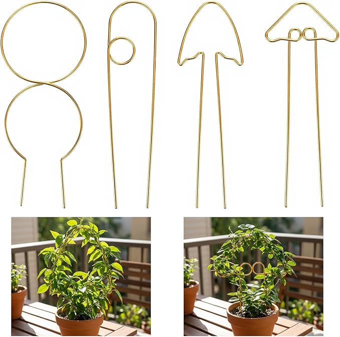 4 Pcs Small Plant Trellis Indoor for Climbing Plants, Metal Small Trellis for Potted Plants Vine Ivy Flower Plant Climber Support, 4 Different Gold Iron Patterns