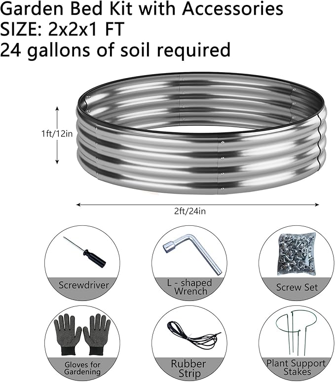 Galvanized Metal Planter Raised Garden Bed Kit for Gardening Outdoor 2x2x1ft Round Galvanized Steel Fire Pit，Steel Fire Pit Silver for Backyard, Camping, Bonfire