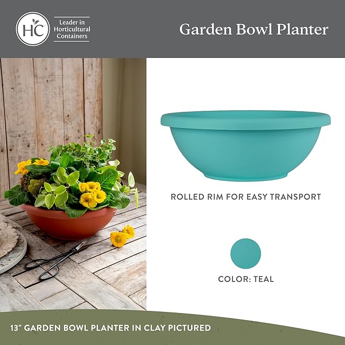 The HC Companies 13 Inch Shallow Garden Bowl Plant Pot with Drainage, Lightweight UV-Resistant Plastic Planters for Succulents, Herbs and More, 2-Pack Planters for Indoor Outdoor Home Decor, Teal