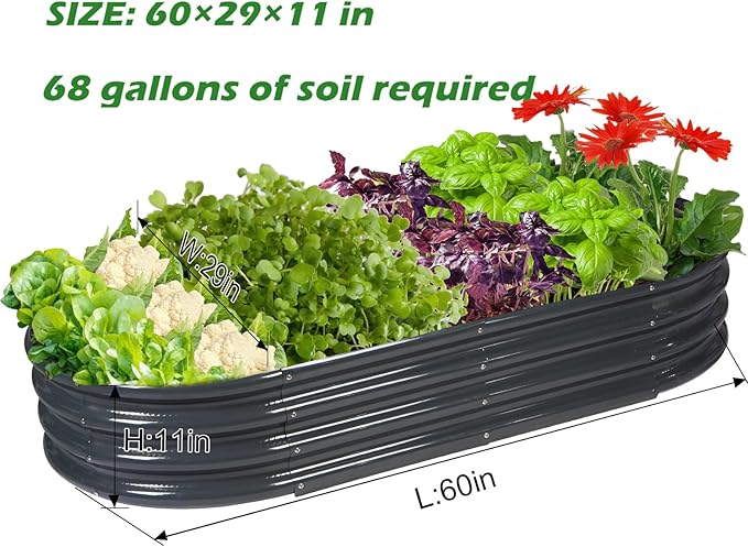 Raised Garden Bed GRS Certified Galvanized Planter Box Outdoor, 5ft Oval Rot-Resistant Metal Garden Bed Planter, Recycled Material Planter for Vegetables Flowers Herbs (Grey)