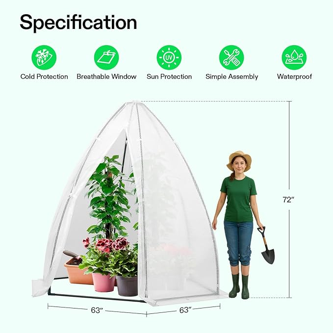 VIVOSUN Portable Mini Greenhouse 72x63x63-Inch Tent-Style Greenhouse, PE Cover with Roll-up Zipper Door and Window, for Indoor Outdoor or Garden Plant Growing, White