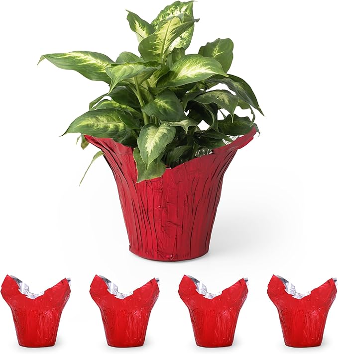 6” AZA Plant Pot Covers, Decorative Plant Sleeve for Indoor & Outdoor House Plants, Reusable and Gift-Ready Foil Wrap for Flower Pots, Red Metallic, Pack of 5