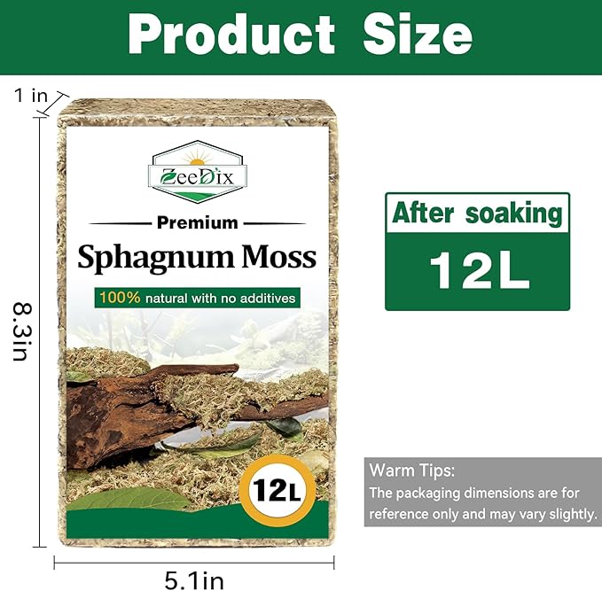 ZeeDix 10.6 oz Premium Sphagnum Moss for Plants Indoor, New Zealand Sphagnum Moss for Orchid Potting Mix Terrarium Succulent Carnivorous Ferns Hosta Garden & Reptile Habitat (Expands to 12L)