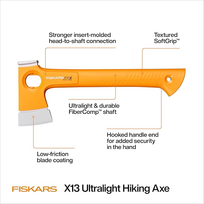 Fiskars X13 Ultralight Hiking Axe 13", Ultra-Sharp Forged Steel Blade for Efficient Chopping & Camping, 15% Lighter High-Visibility Orange FiberComp Handle Drives Tent Stakes, Sheath Included
