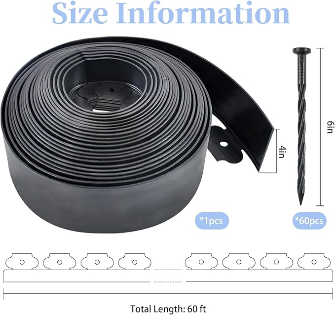 Garden Edging, 4 Inch x 60 Ft Black Landscape Edging, 60 Spikes for Lawn 4 Inch Tall