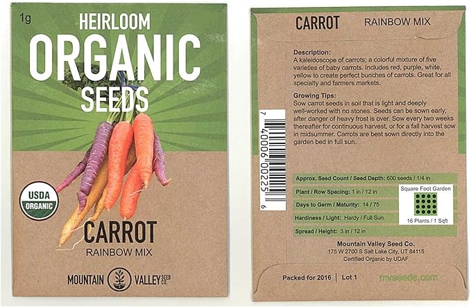 Organic Rainbow Blend Carrot Seed Mix - 1 g Packet ~706 Seeds - Non-GMO, Heirloom Vegetable Garden Seeds: Atomic Red, Cosmic Purple, White, Yellow