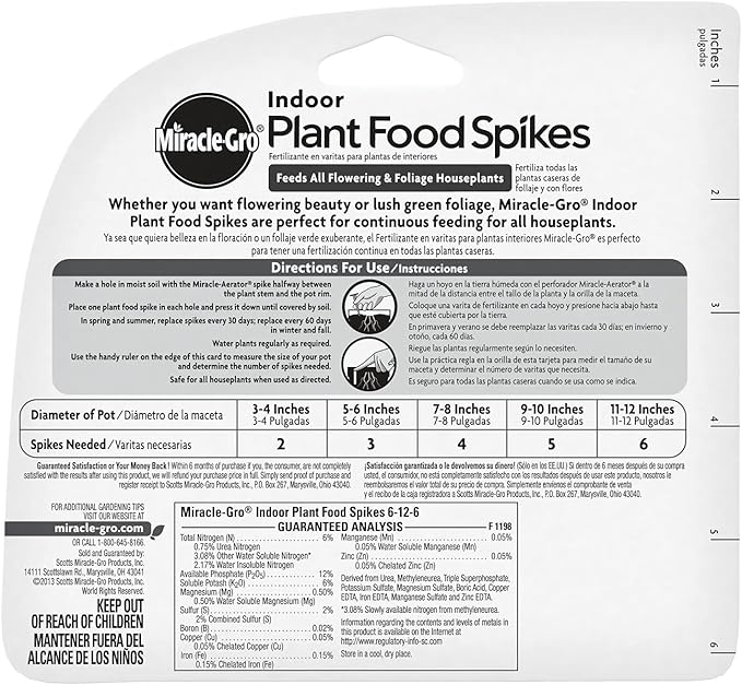 Miracle-Gro Indoor Plant Food Spikes, Includes 48 Spikes - Continuous Feeding for all Flowering and Foliage Houseplants - NPK 6-12-6, Pack of 1