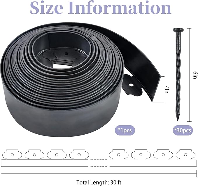 Garden Edging, 30ft Black Landscape Edging, 30 Spikes for Lawn 4 Inch Tall
