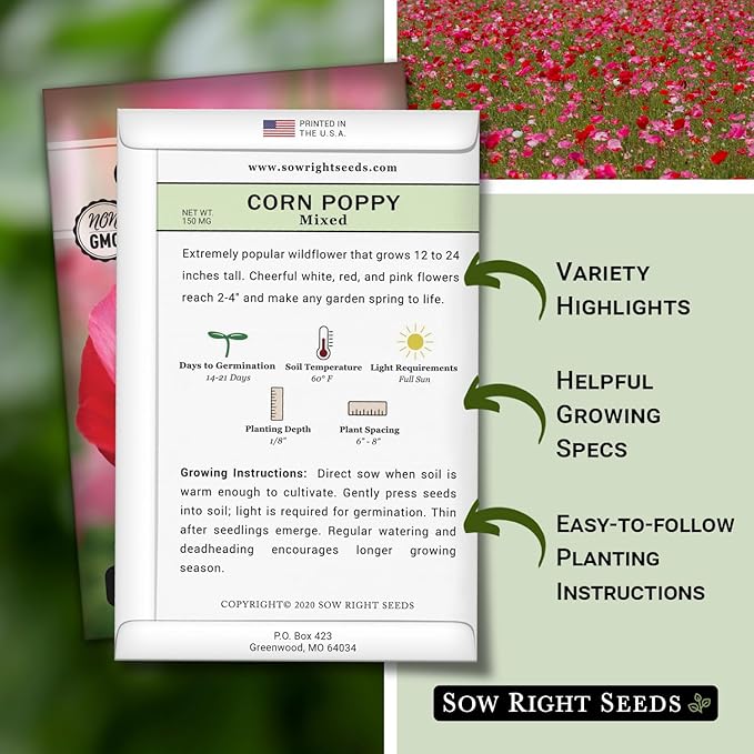 Sow Right Seeds - Mixed Corn Poppy Seeds for Planting - Non-GMO Heirloom Packet with Instructions to Grow a Wildflower Garden - Native, Self Sowing Perennial - Light Colored, Paper Like Blooms (1)