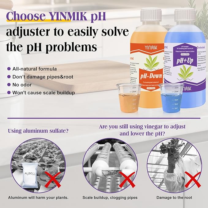 YINMIK General Hydroponics pH Up Down Liquid, pH Control kit Adjust pH Levels, 500ml Premium Buffering Solution for pH Stability,Suit for All Hydroponics Systems, Both for Soil and Water