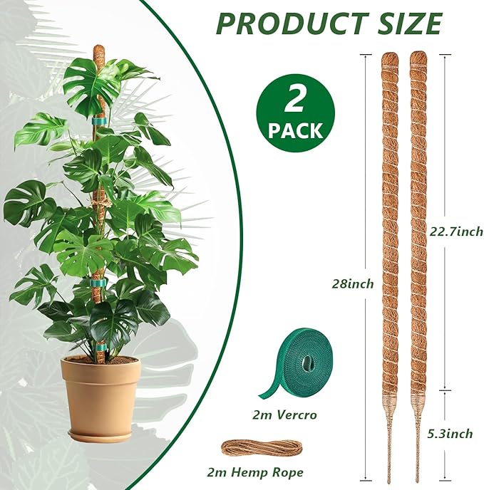 2 Pack 28" Bendable Moss Pole, Anllecr Monstera Plant Support,Plant Stakes for Indoor Plants, Plant Sticks for Indoor Outdoor Climbing Plants | Support for Potted Plants Like Pothos, Philodendrons