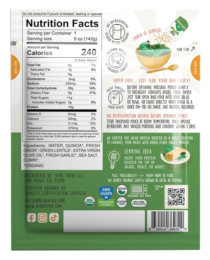 BeanVIVO 3-Pack Salad Protein Booster - Organic Lentils & Quinoa, fully cooked and seasoned, delivering a burst of taste and 10g of protein-packed goodness in every pouch 5oz