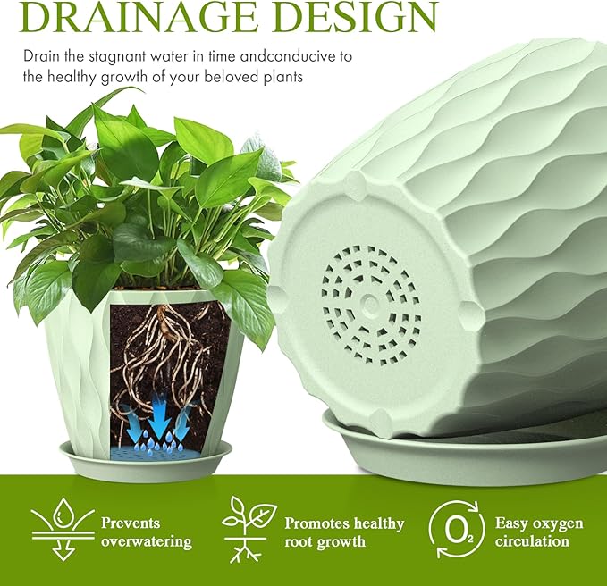 8" Water Wave Plant Pots with Drainage Holes & Saucers, 4 Pack Modern Textured Medium Planters for Indoor Outdoor Plants, Decorative Flower Pots Repotting Set for Flowers, Herbs (Green)
