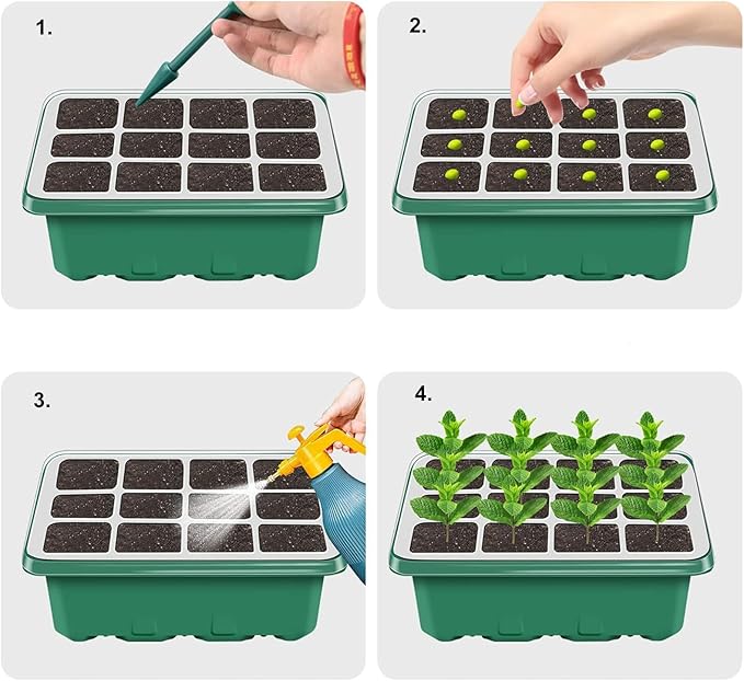 NBPLUS Seed Starter Tray with Grow Light, 5 Pack 60 Cells Seed Starter kit with Humidity Dome and Base, Plant Seedling Trays Indoor Greenhouse Gardening (Green 5 Pack)