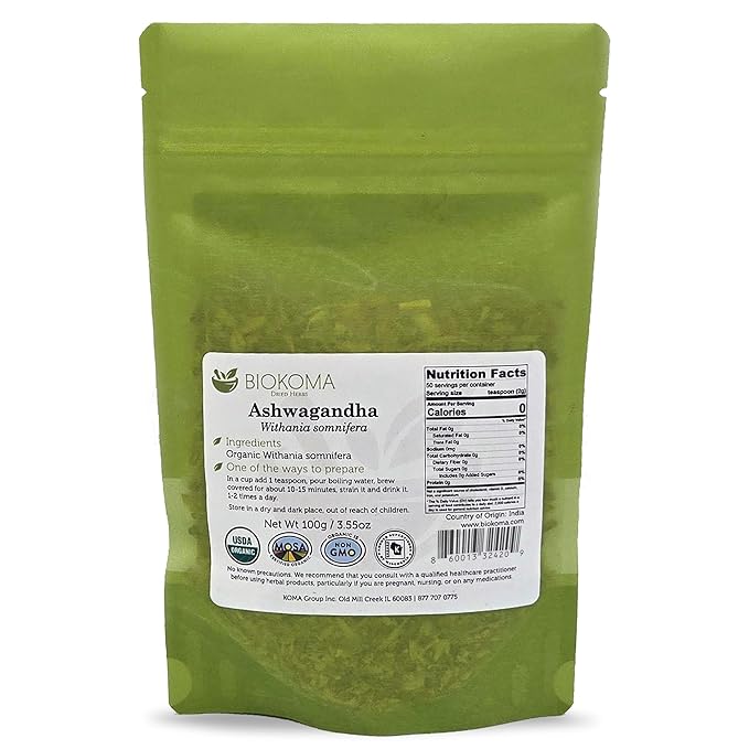 Biokoma Pure and Organic Biokoma Ashwagandha Dried Root 100g (3.55oz) in Resealable Moisture Proof Pouch, USDA Certified Organic - Herbal Tea, No Additives, No Preservatives, No GMO, Kosher
