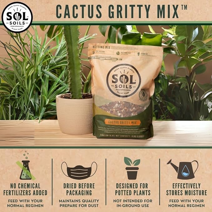 Sol Soils Gritty Cactus Soil Potting Mix - Fast Draining and Peat Moss Free with Coconut Husk Chips, Granite, Calcined Clay & Pumice for Indoor and Outdoor Plants - 2 Quarts