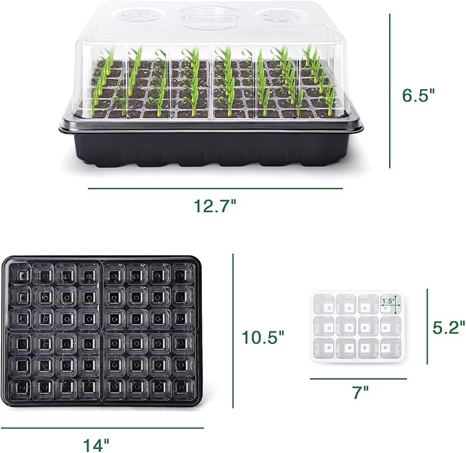 Delxo 3-Pack Seed Starter Tray Seedling Kit Tray (48 Cells) Humidity Adjustable Plant Germination Kit Garden Seed Starting Tray with Clear Dome and Black Base Plus Plant Tags Hand Tool Kit