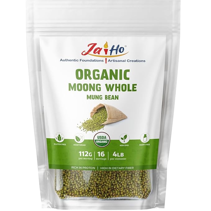 Jai Ho Certified Organic Moong 4 lb - Mung Beans Whole for Sprouting and Cooking - USDA Organic | Non-GMO | Chemical-Free | Premium Quality Kosher | (Whole Moong (Mung Bean))