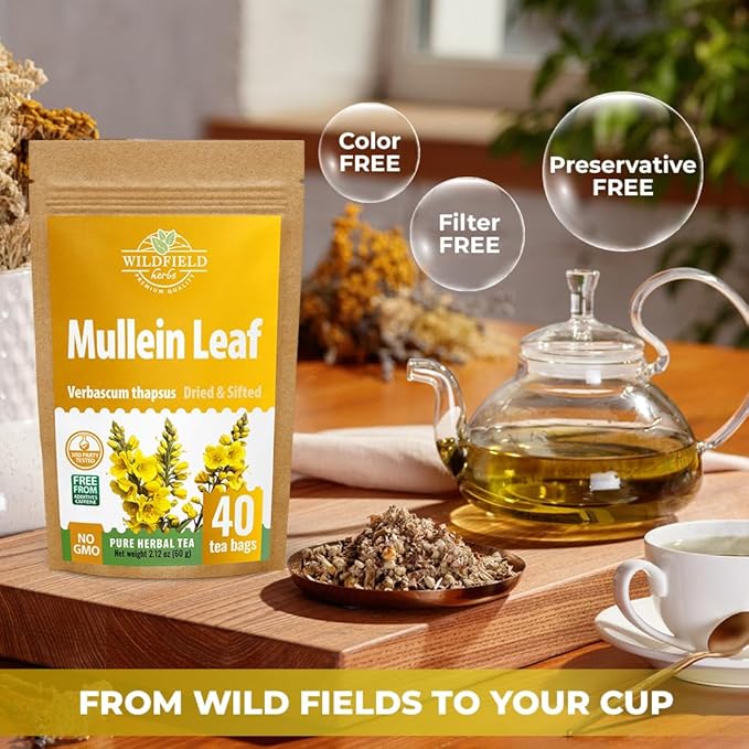 40 Bags Mullein Tea Leaf - Lungs Cleanse and Respiratory Support - Mullen (Verbáscum L.) - 40 Count 1.5g Bags Mullen Leaves Mullein Loose Leaf Hoja De Gordolobo
