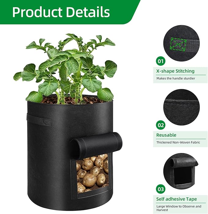 6 Pack Potato Grow Bags, 10 Gallon Planting Bags Large Fabric Pots with Flap Window Vegetable Planter Garden Pot Tall Potato Growing Containers with Handles for Vegetables, Fruits, Black + Grey