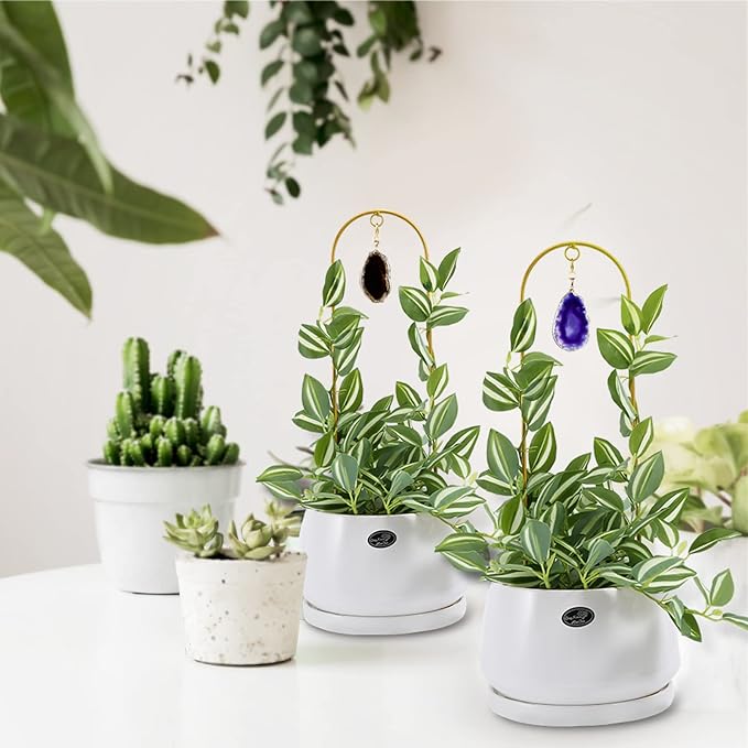 2PCS Small Gold Trellis for Climbing Plants Indoor, Mini Metal Houseplant Climber Support for Potted Plants, Boho Decorative Pot Lattice with Agate for Hoya, Pothos, Ivy, Philodendron