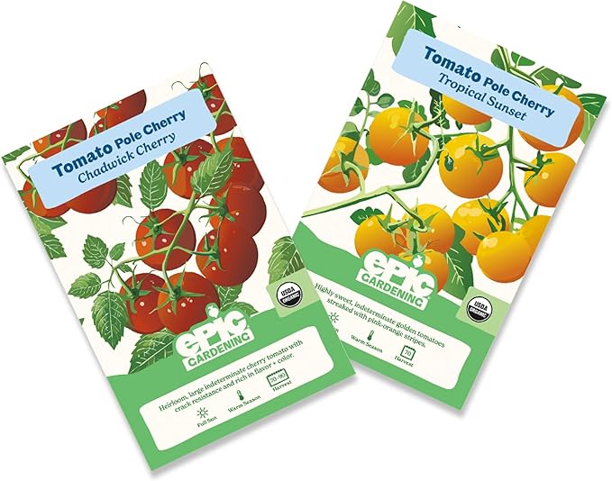 Epic Gardening Cherry Tomato Seed Bundle - 2 Sweet & Juicy Varieties, Includes Tropical Sunset & Chadwick Cherry, Perfect for Salads, Snacking & Sauces, Easy-to-Grow Non-GMO Seeds