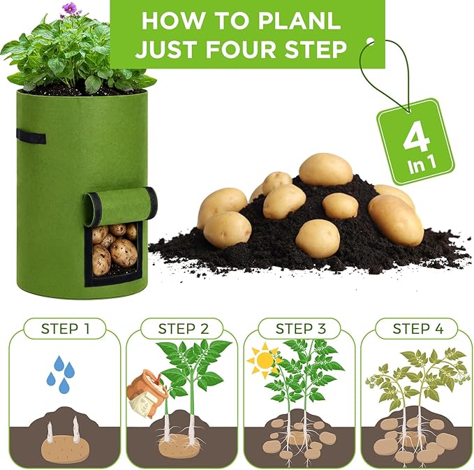 Yoojahow 2 Pack 30 Gallon Potato Grow Bags with Harvest Window, Durable Garden Planter Bags with Handles for Potatoes, Tomatoes, and Vegetables - Indoor & Outdoor Gardening Supplies (Green)