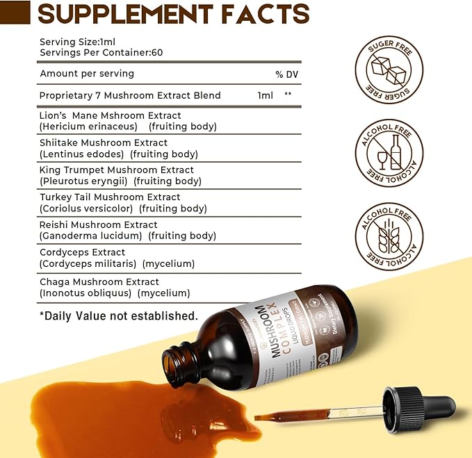 Mushroom Complex Liquid Drops Supplement with Lion's Mane, Shiitake, King Trumpet, Turkey Tail, Reishi, Cordyceps & Chaga,7 in 1 Mushrooms Complex Blend Tincture 2 fl oz