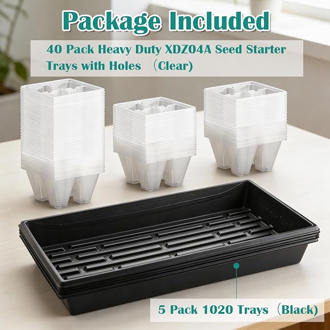 RooTrimmer 5 Pack Heavy Duty 1020 Trays and 40 Pack Clear 4 Cell Seed Starter Trays with Drainage Holes - Reusable Seed Starter Kit for Seed Germination & Plant Propagation (5 Sets)