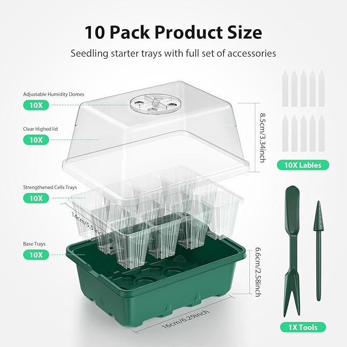Seed Starter Tray, 10PCS Seed Starter Kit, Seedling Starter Trays with Heightened Lids for Seed Staring, Indoor Gardening Plant Germination Trays (12 Cells per Tray) Green